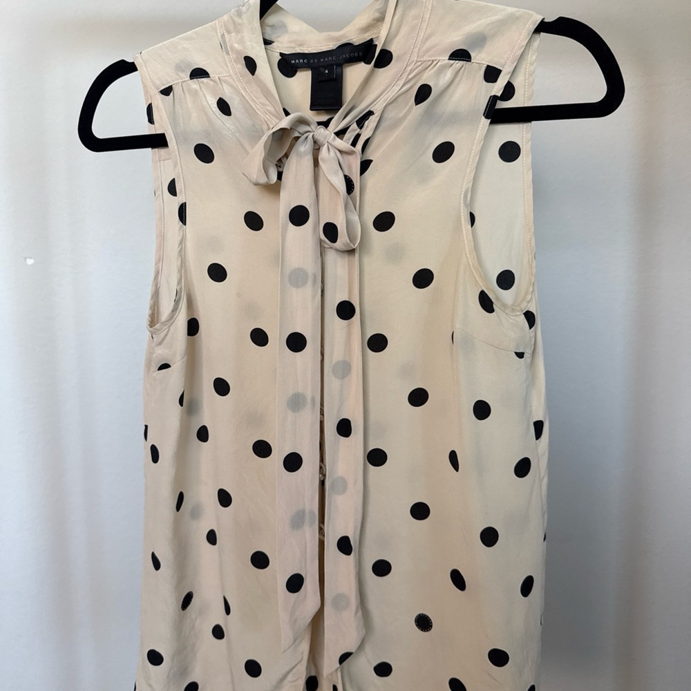 Marc by Marc Jacobs Cream Polka Dot Tie-Neck Sleeveless Blouse